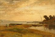 Albert Hertel Coastline at low tide in the evening light. Resting in the foreground dry sailing boats oil painting